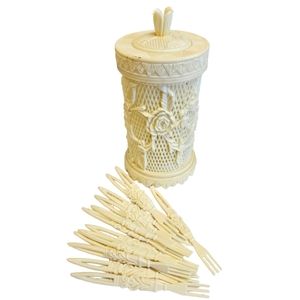 VTG Celluloid Hors D' Oeuvres Forks & Canister Made In Hong Kong Victorian Repro